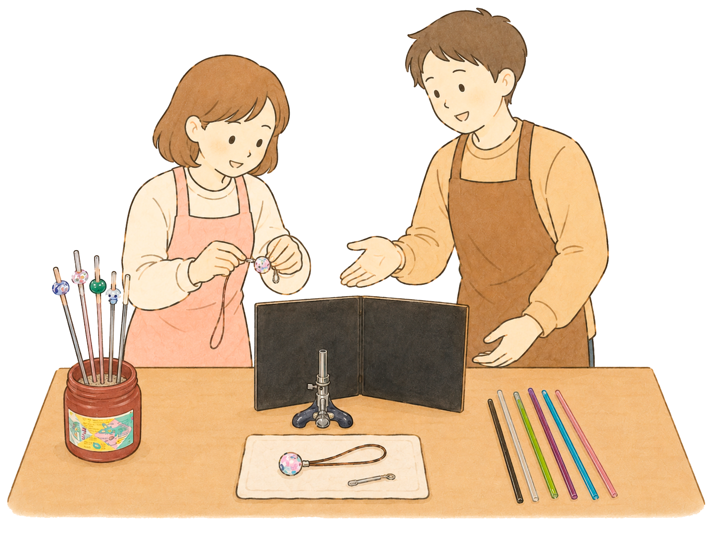 完成したとんぼ玉を仕上げて受け取る体験の様子 アトリエSHO